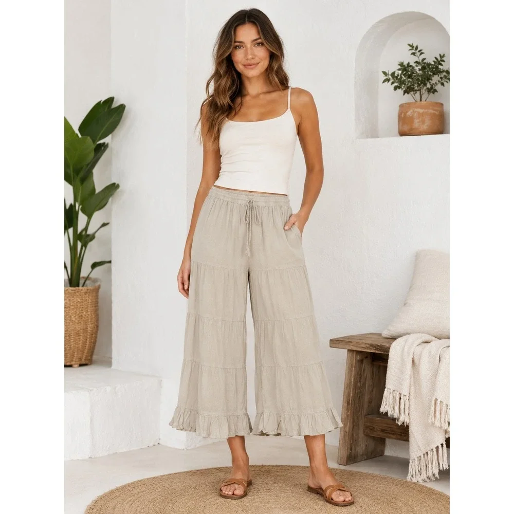 Cute Options Women Gray Tiered Palazzo Pants Free Size Boho Rayon Flowy Wide Leg